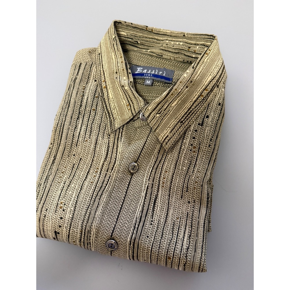 Bassiri Uomo Mens Medium Tan Textured Abstract Stripe Short Sleeve Button Up